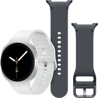 Koop Samsung Galaxy Watch 8 Zilver 44mm + Samsung Siliconen Sport Bandje Donkergrijs S/M
